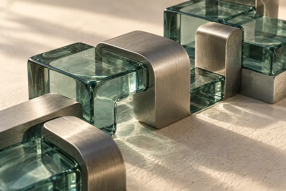 Abgestimmte Glas- und Metallformen im warmen Sonnenlicht